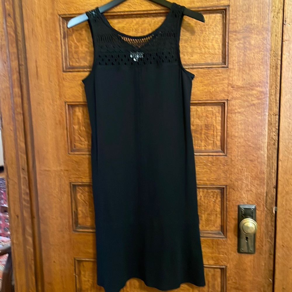 Cute black summer dress with pockets (cotton blend) with crochet trim.